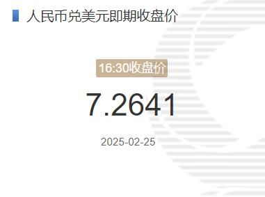 2月25日人民币兑美元即期收盘价报7.2641 较上一交易日下调157个基点