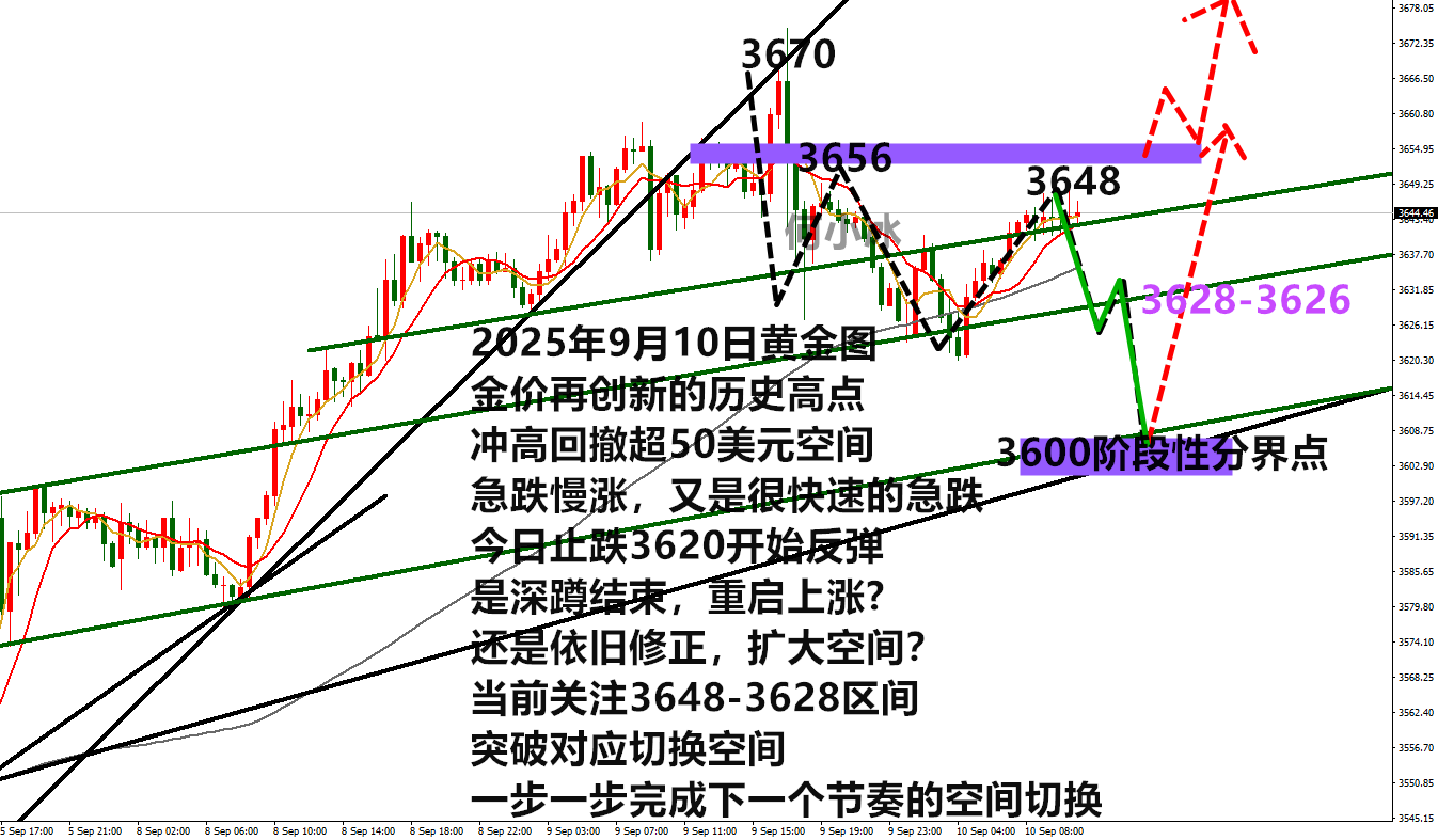何小冰：金价再创新高后急跌，今日3648高空看进一步调整